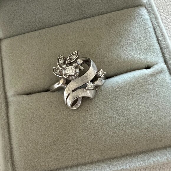 Antique Art Deco 14k White Gold Diamond Cocktail Ring Vintage Size 6 - Picture 2 of 7